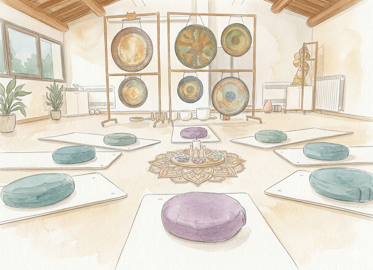 La sala per le esperienze sonore, illustrata ad acquerello