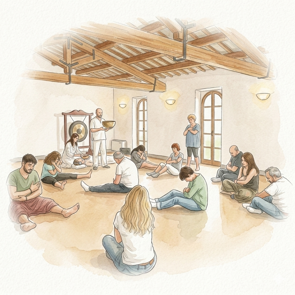 Un gruppo in ascolto nella sala, illustrazione ad acquerello
